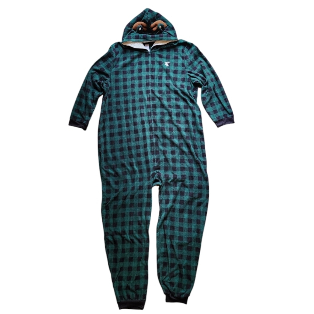 Unisex Adult XXL Buffalo Plaid Moose Microfleece Hooded Union Suit Men Women